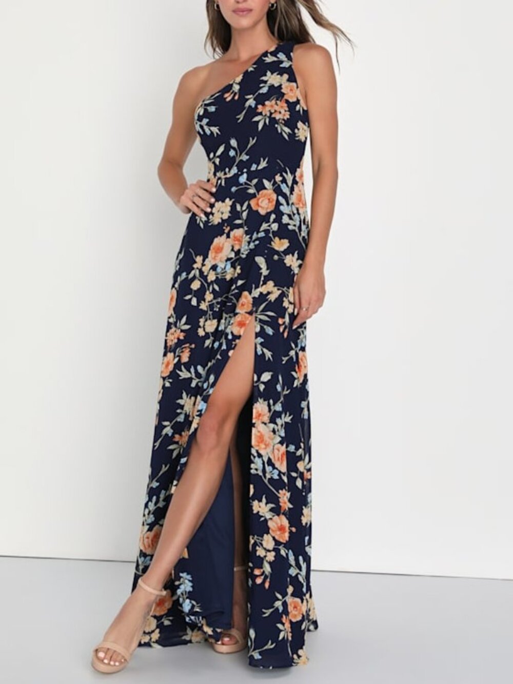 Lulus Elegant Admiration Navy Blue Floral One-shoulder Maxi Dress - Size S
